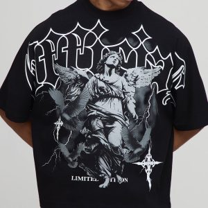 Black Oversized Boxy Heavyweight Angel Printed T-Shirt