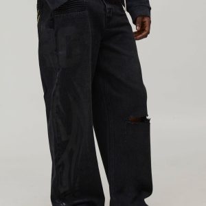 Wide Leg Ripped Moto Applique Jeans