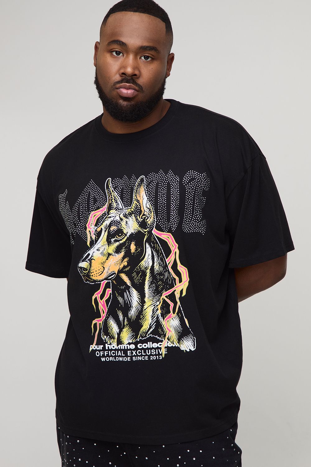 Plus Oversized Rhinestone Homme Canine Graphic T-Shirt