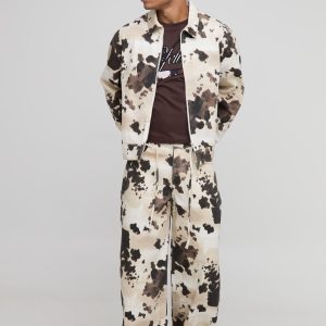 Boxy Denim Cow Print Bomber Jacket