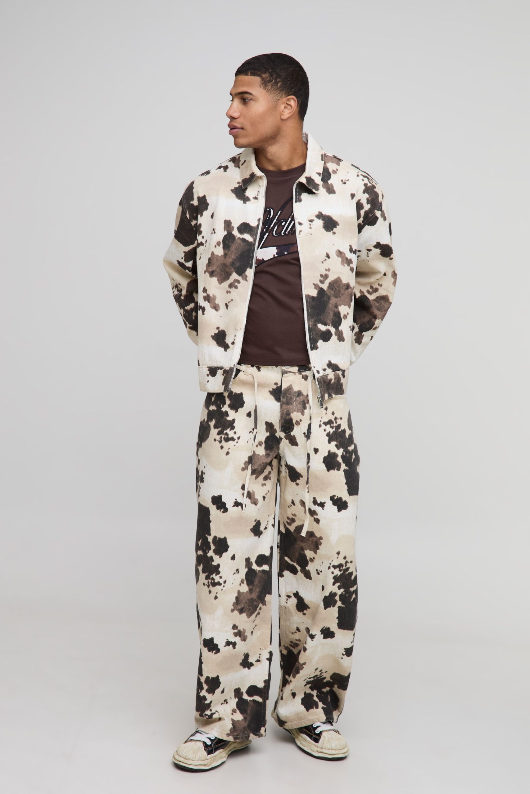 Boxy Denim Cow Print Bomber Jacket