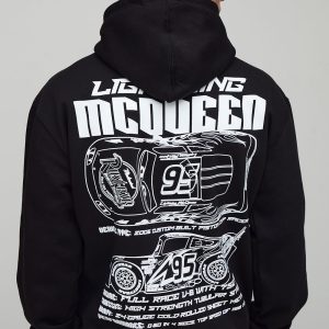 Black Oversized Disney Cars Lightning McQueen License Printed Hoodie