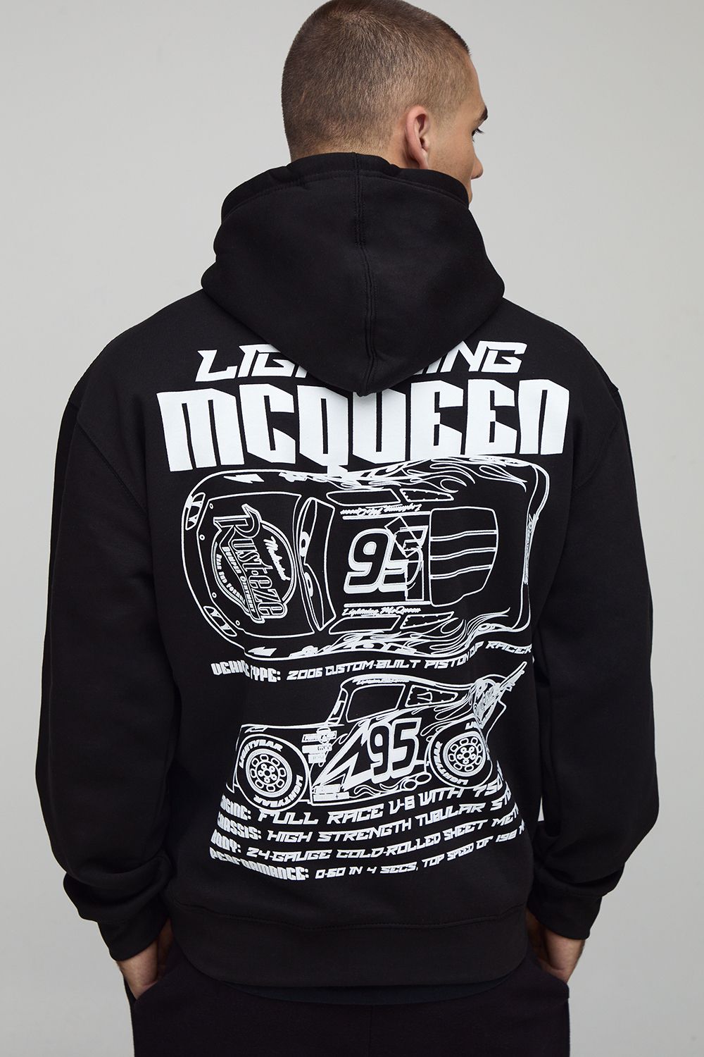 Black Oversized Disney Cars Lightning McQueen License Printed Hoodie