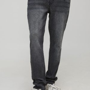 Slim Flared Clear Rhinestone Embellished Denim Jeans