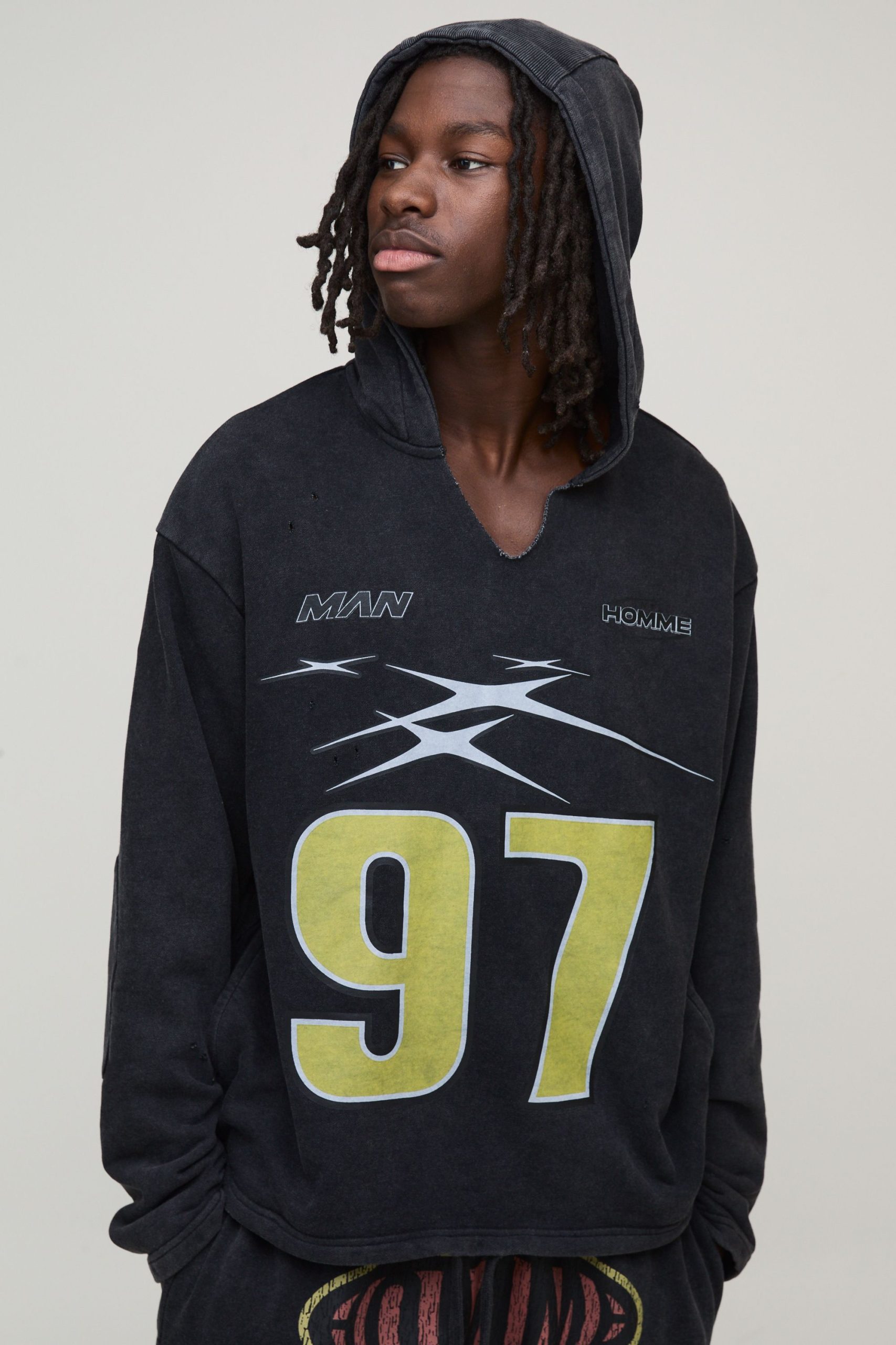 Oversized Boxy Distressed Ripped Neck Hoodie