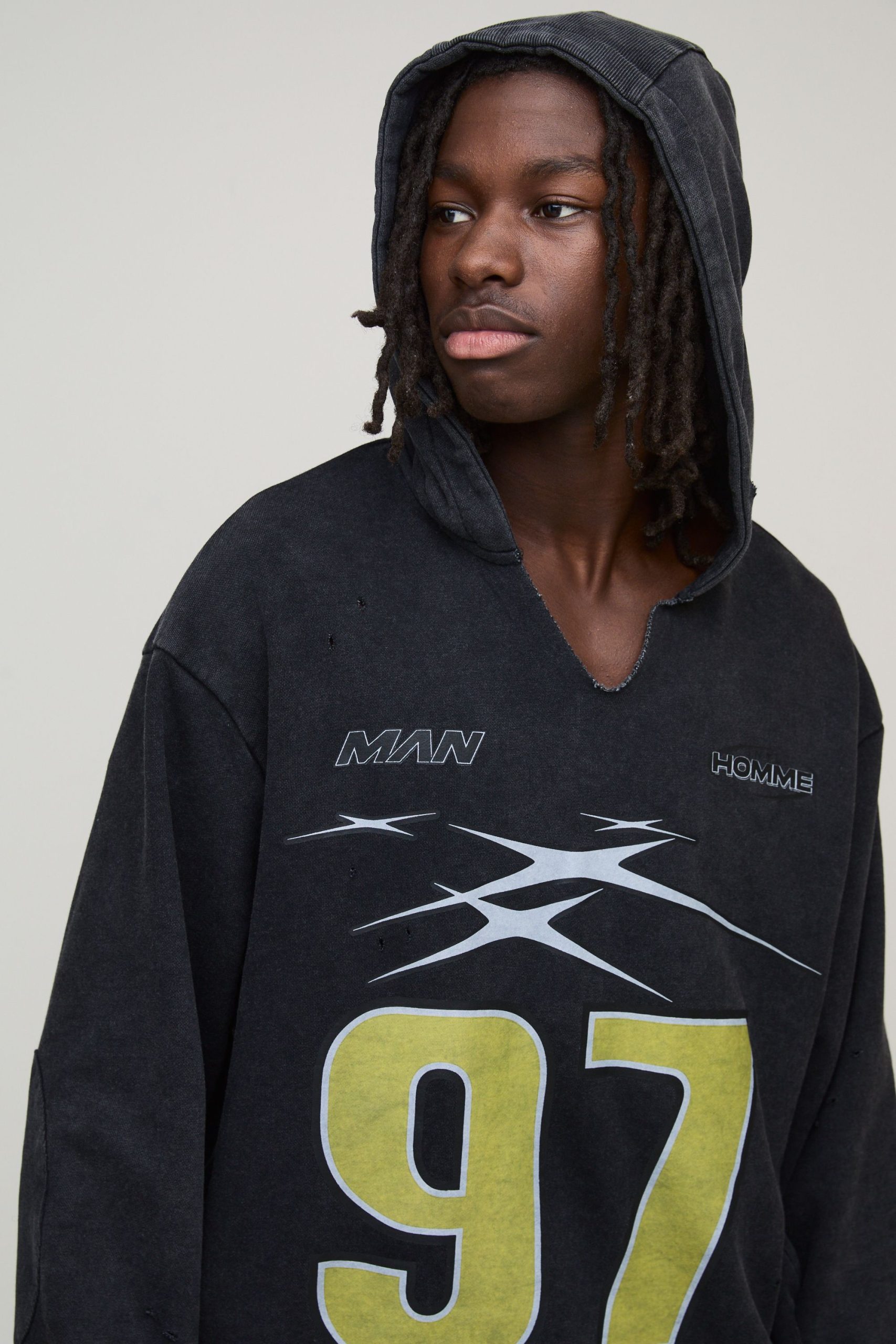 Oversized Boxy Distressed Ripped Neck Hoodie - Image 3
