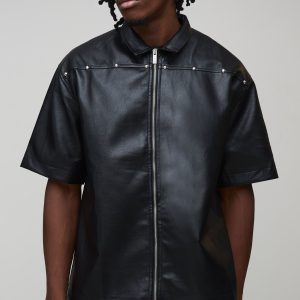 Tall Oversized Studded Leather Look Short Sleeve Shirt
