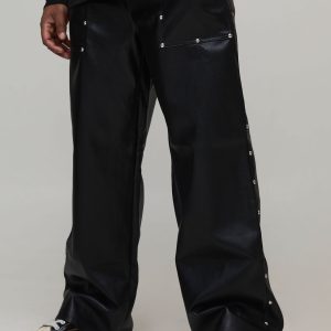 Plus Studded Leather Look Drawcord Relaxed Carpenter Trousers