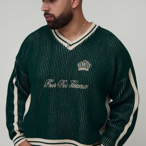 Plus Oversized Knitted Embroidered V Neck Football Top