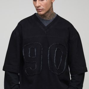 Tall Oversized Boxy Faux Layer Applique Denim Varsity Top