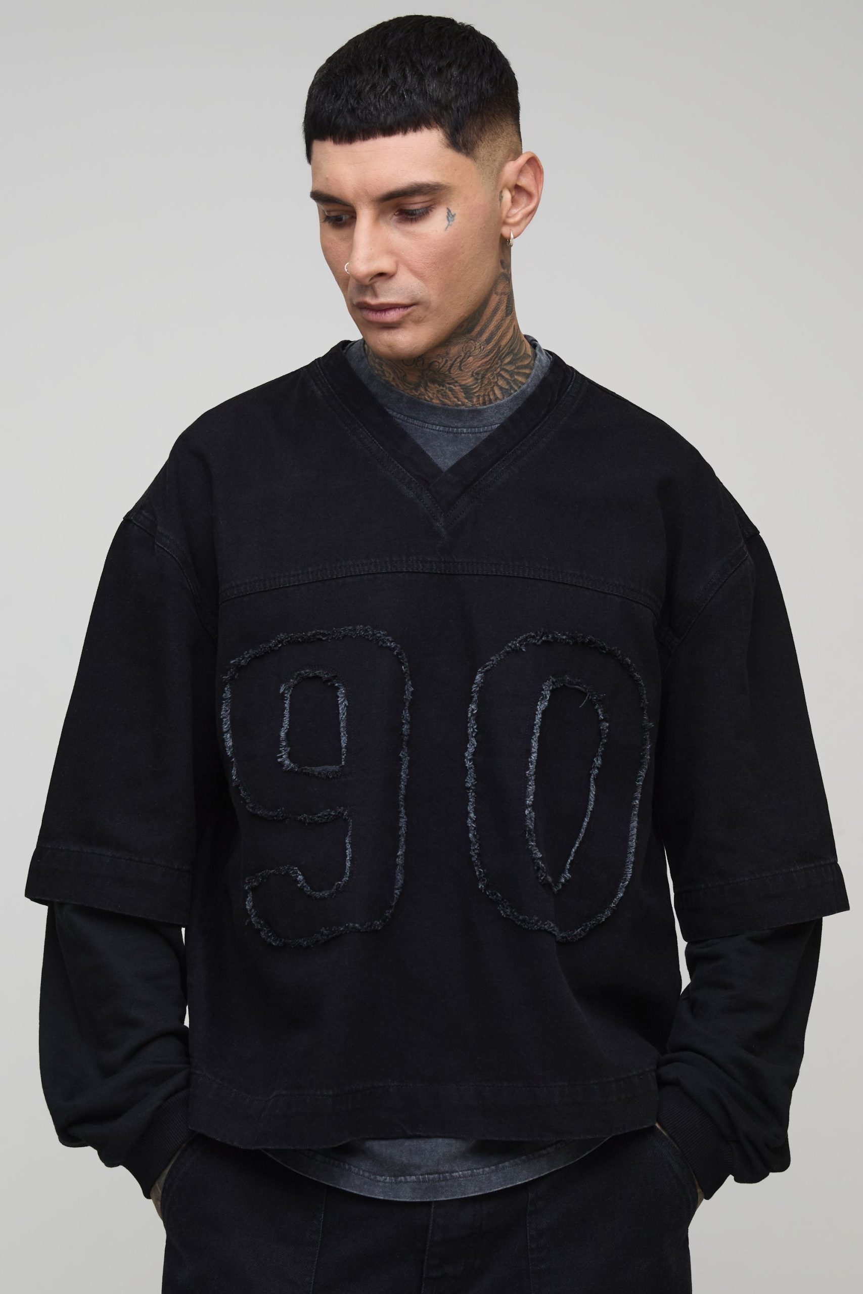 Tall Oversized Boxy Faux Layer Applique Denim Varsity Top