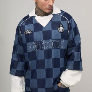 Tall Checked Oversized Boxy Faux Layer Denim Football Top