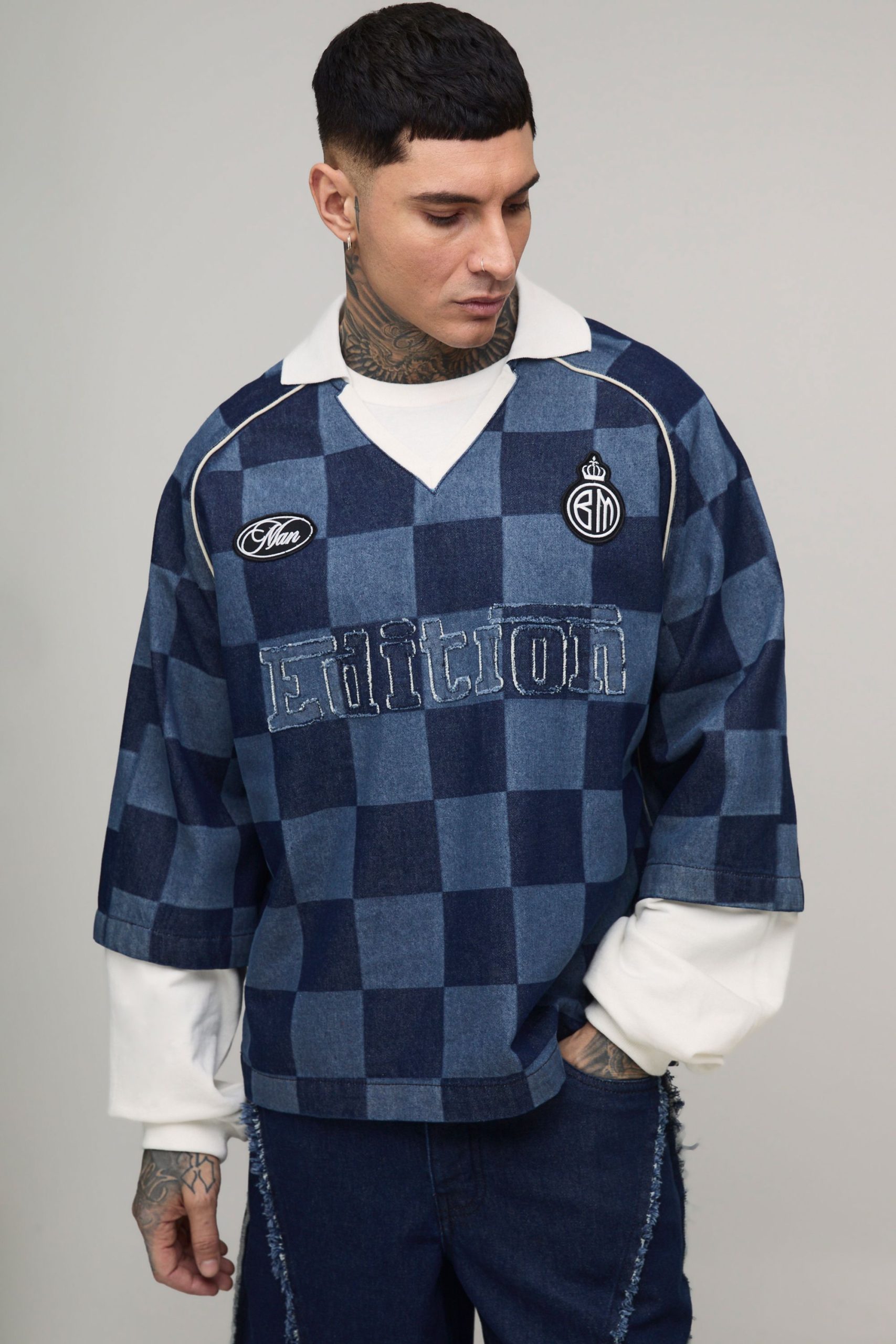 Tall Checked Oversized Boxy Faux Layer Denim Football Top