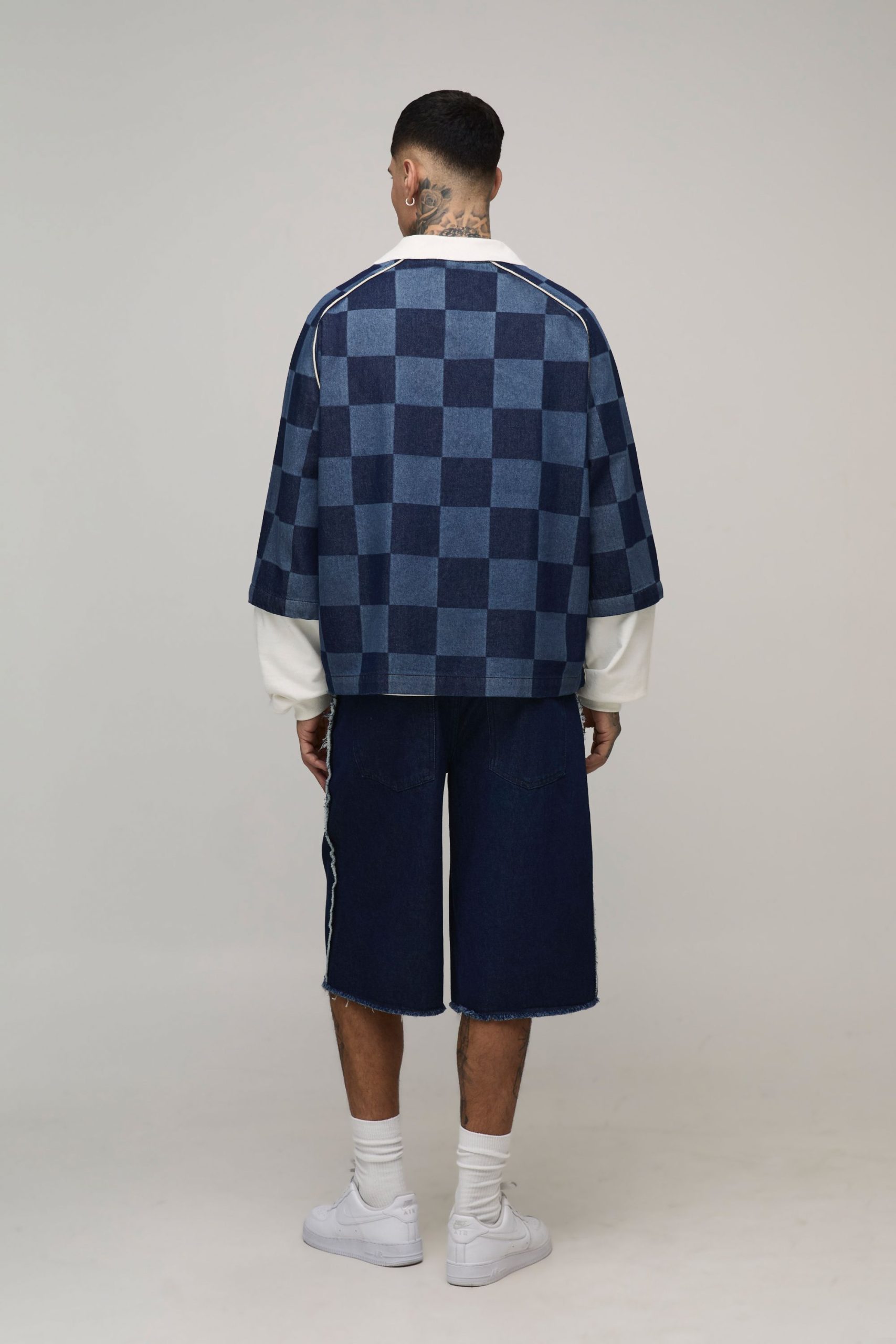 Tall Checked Oversized Boxy Faux Layer Denim Football Top - Image 2