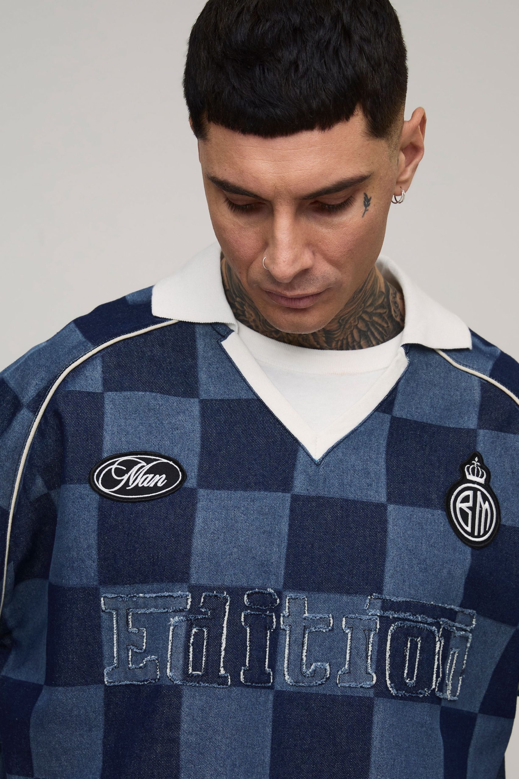 Tall Checked Oversized Boxy Faux Layer Denim Football Top - Image 3