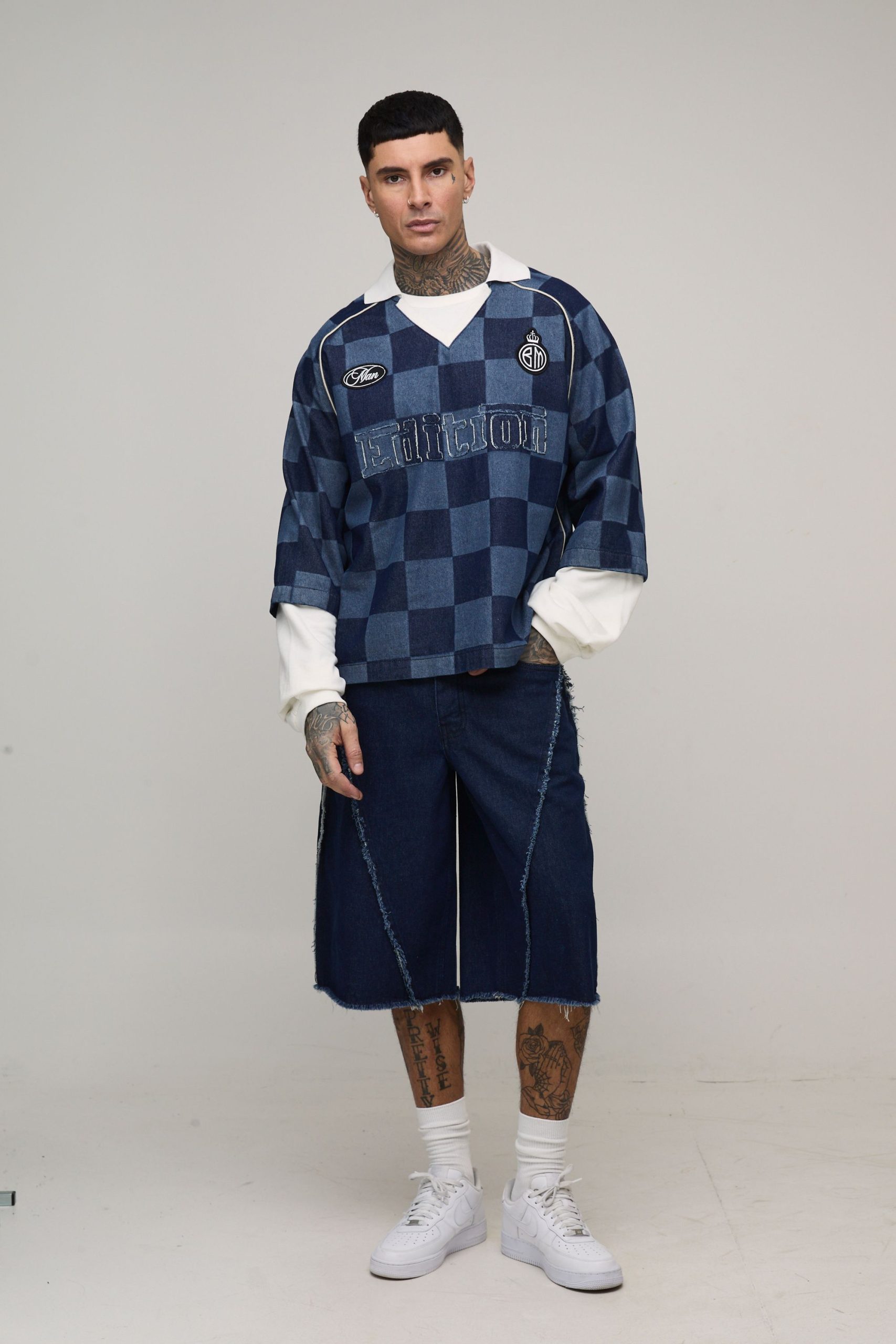 Tall Checked Oversized Boxy Faux Layer Denim Football Top - Image 4