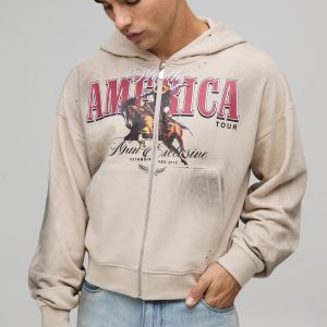 Stone Shrunken Fit America Western Distressed Washed Printed Zip Through Hoodie