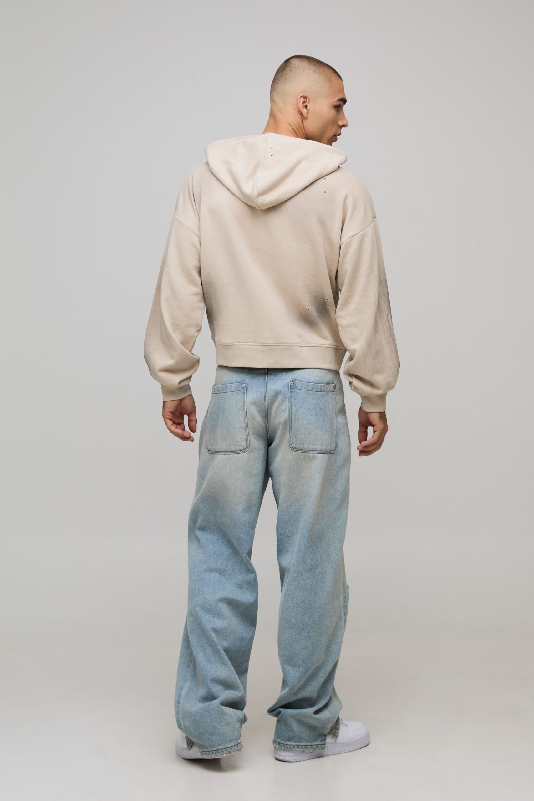 Stone Shrunken Fit America Western Distressed Washed Printed Zip Through Hoodie - Image 2