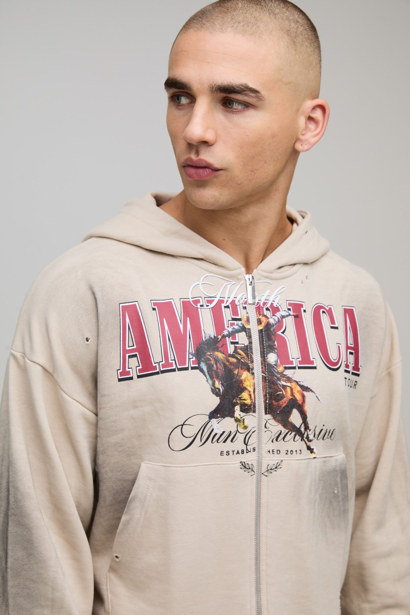 Stone Shrunken Fit America Western Distressed Washed Printed Zip Through Hoodie - Image 3