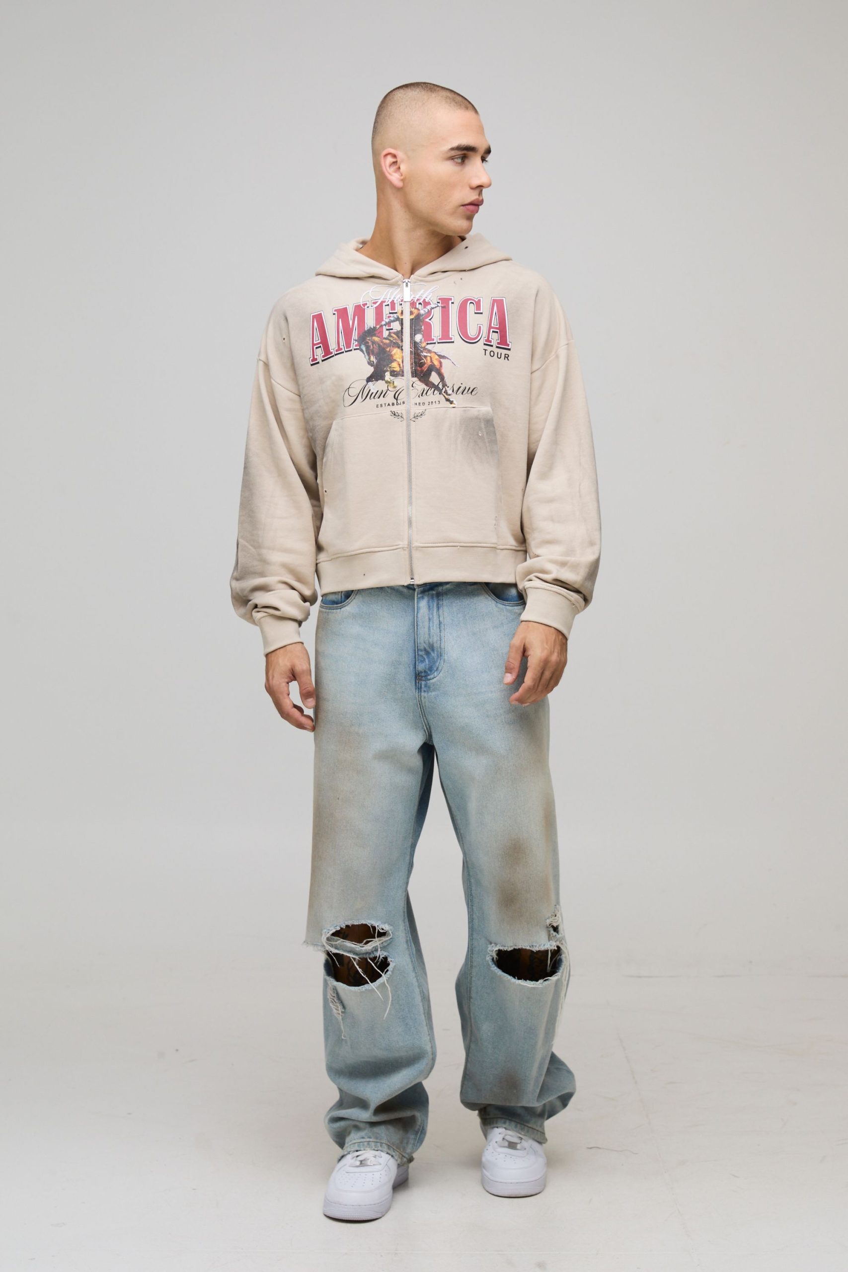 Stone Shrunken Fit America Western Distressed Washed Printed Zip Through Hoodie - Image 4