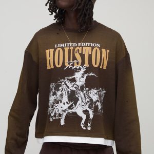 Chocolate Shrunken Boxy Washed Limited Western Faux Layer Hem Printed Sweatshirt