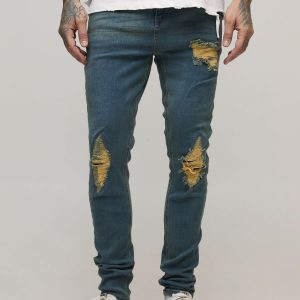Tall Skinny Fit Rip & Repair Embroidery Denim Jeans