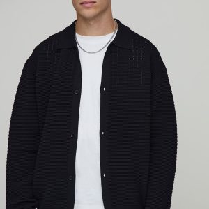 Oversized Boxy Pleated Heavy Knitted Long Sleeve Shirt