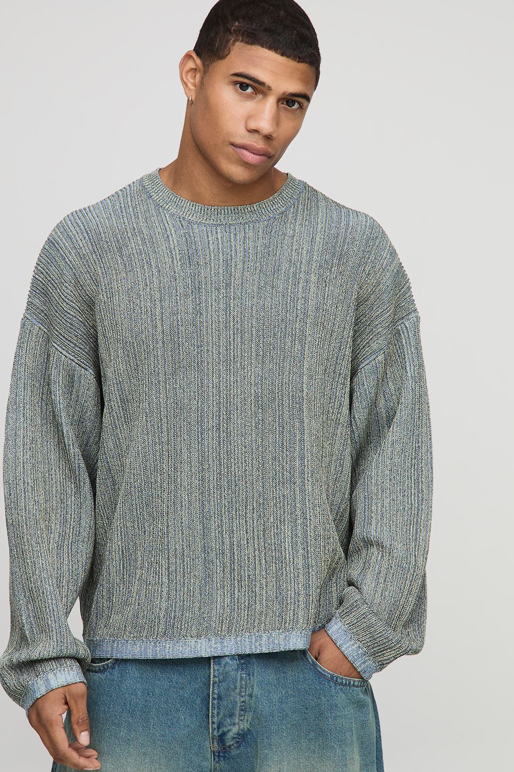 Oversized Boxy Ribbed Mixed Yarn Knitted Jumper