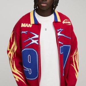 Oversized Boxy Moto Varsity Knitted Harrington Jacket
