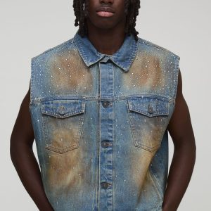Relaxed Fit Studded Embellished Denim Vest