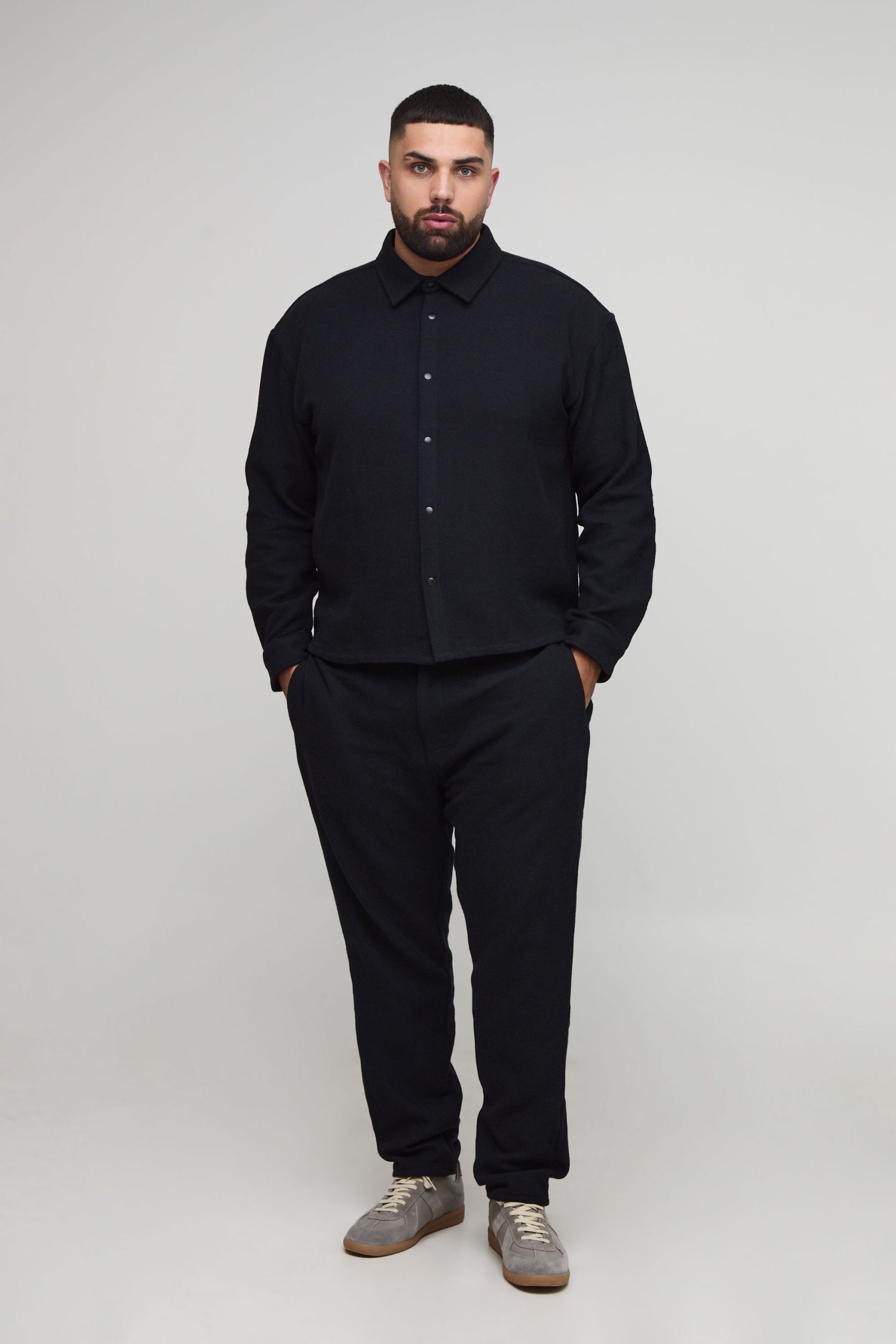 Plus Herringbone Regular Overshirt & Half & Half Tapered Trouser Set