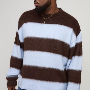 Plus Oversized Boxy Crew Neck Brushed Knit Chunky Stripe Jumper
