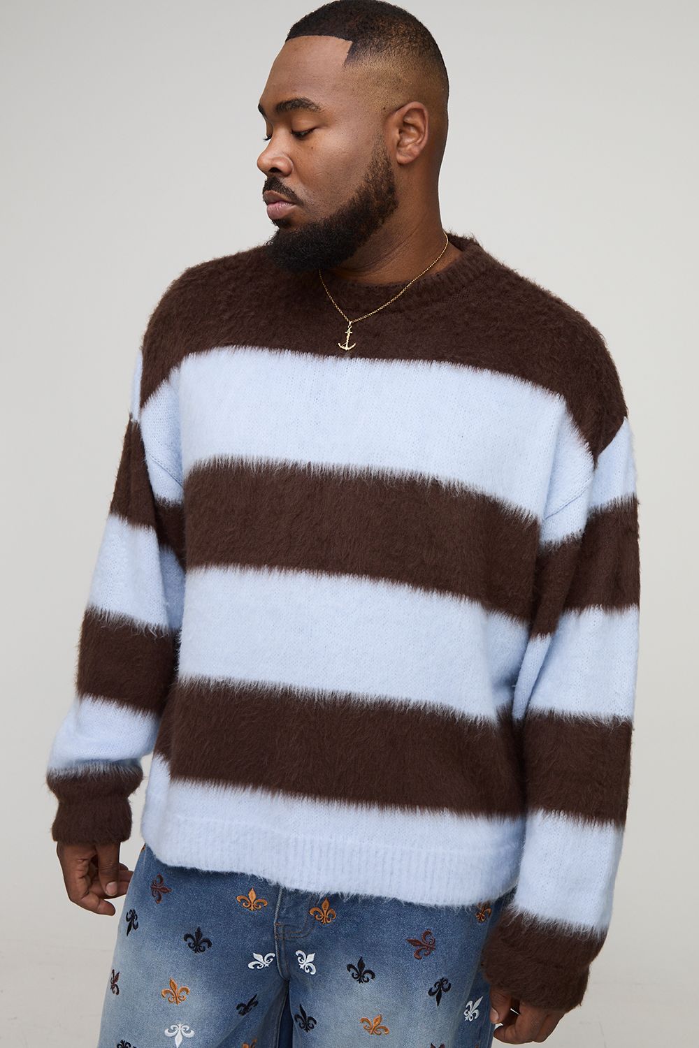 Plus Oversized Boxy Crew Neck Brushed Knit Chunky Stripe Jumper