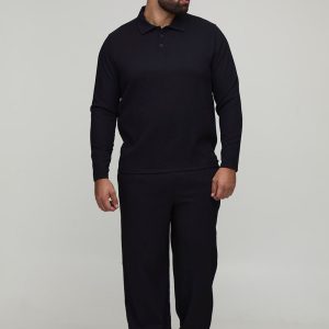 Plus Pleated Regular Long Sleeve Polo & Relaxed Trouser Set