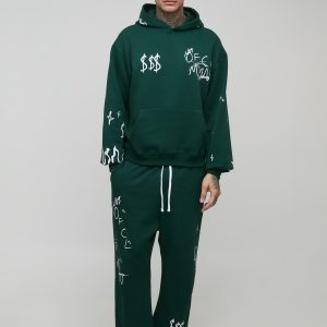 Tall Oversized Boxy Doodle Print Hoodie & Oversized Dropped Crotch Jogger Tracksuit