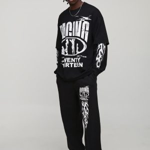 Tall Oversized Faux Layer Racing Print T-Shirt & Baggy Flat Knit Drawcord Jogger Tracksuit
