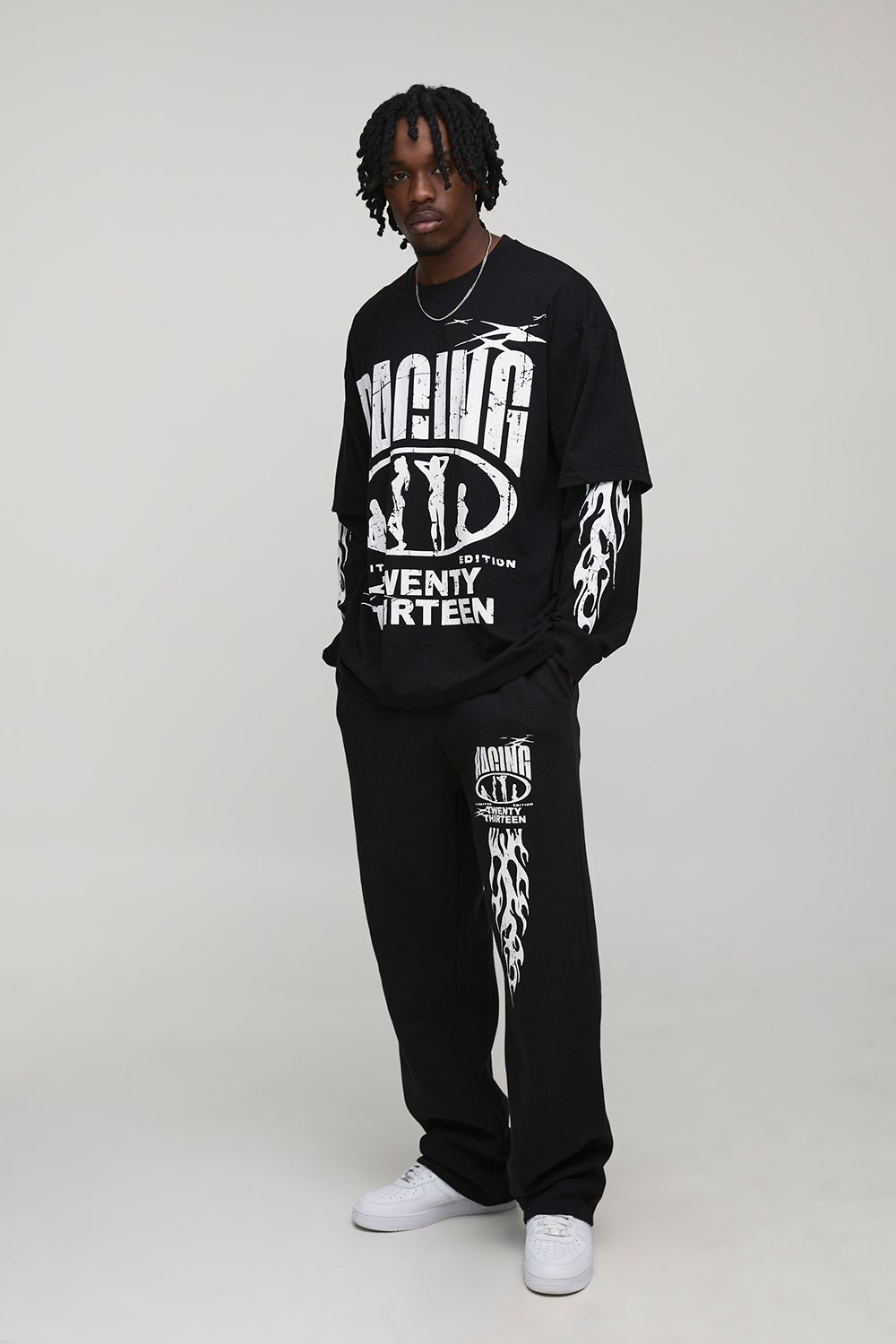 Tall Oversized Faux Layer Racing Print T-Shirt & Baggy Flat Knit Drawcord Jogger Tracksuit