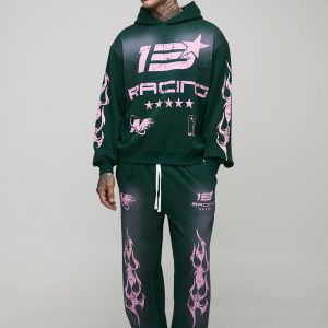 Tall Oversized Boxy Spray Wash Moto Print Hoodie & Baggy Jogger Tracksuit