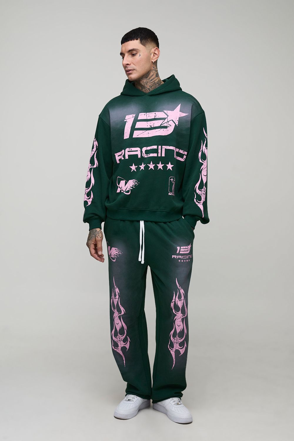 Tall Oversized Boxy Spray Wash Moto Print Hoodie & Baggy Jogger Tracksuit