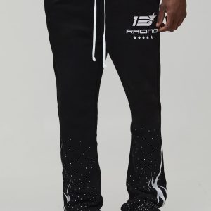 Tall Slim Flared Stacked Moto Print Rhinestone Embellished Joggers