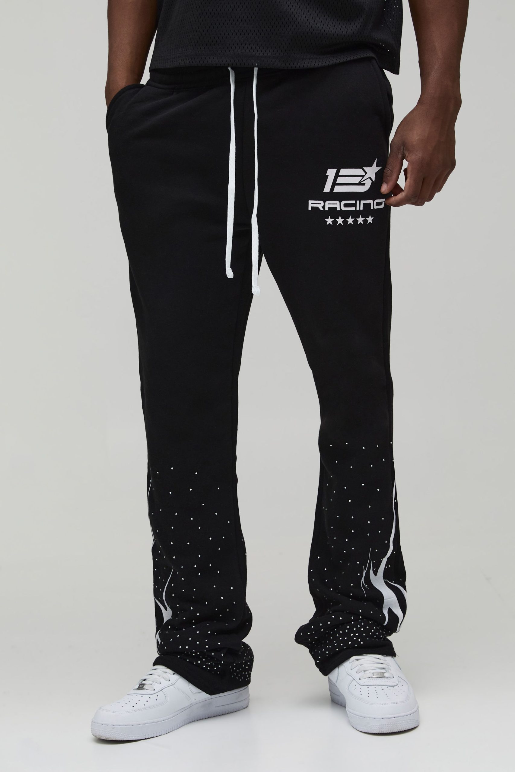 Tall Slim Flared Stacked Moto Print Rhinestone Embellished Joggers