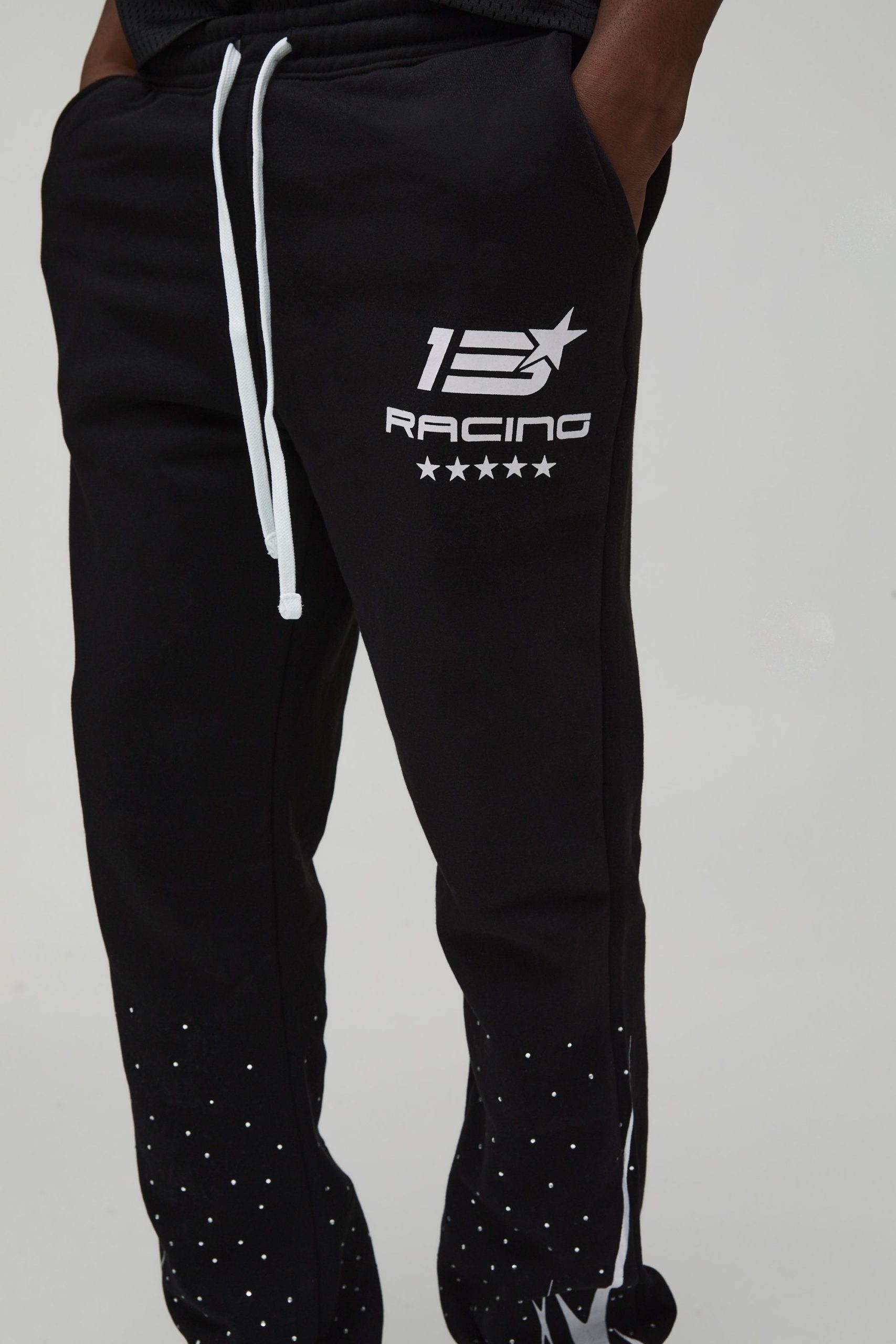Tall Slim Flared Stacked Moto Print Rhinestone Embellished Joggers - Image 3