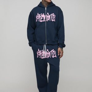 Tall Oversized Boxy Graffiti Applique Zip Hoodie & Dropped Crotch Jogger Tracksuit