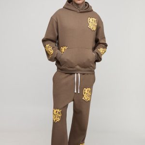 Tall Oversized Boxy Graffiti Applique Hoodie & Oversized Dropped Crotch Jogger Tracksuit