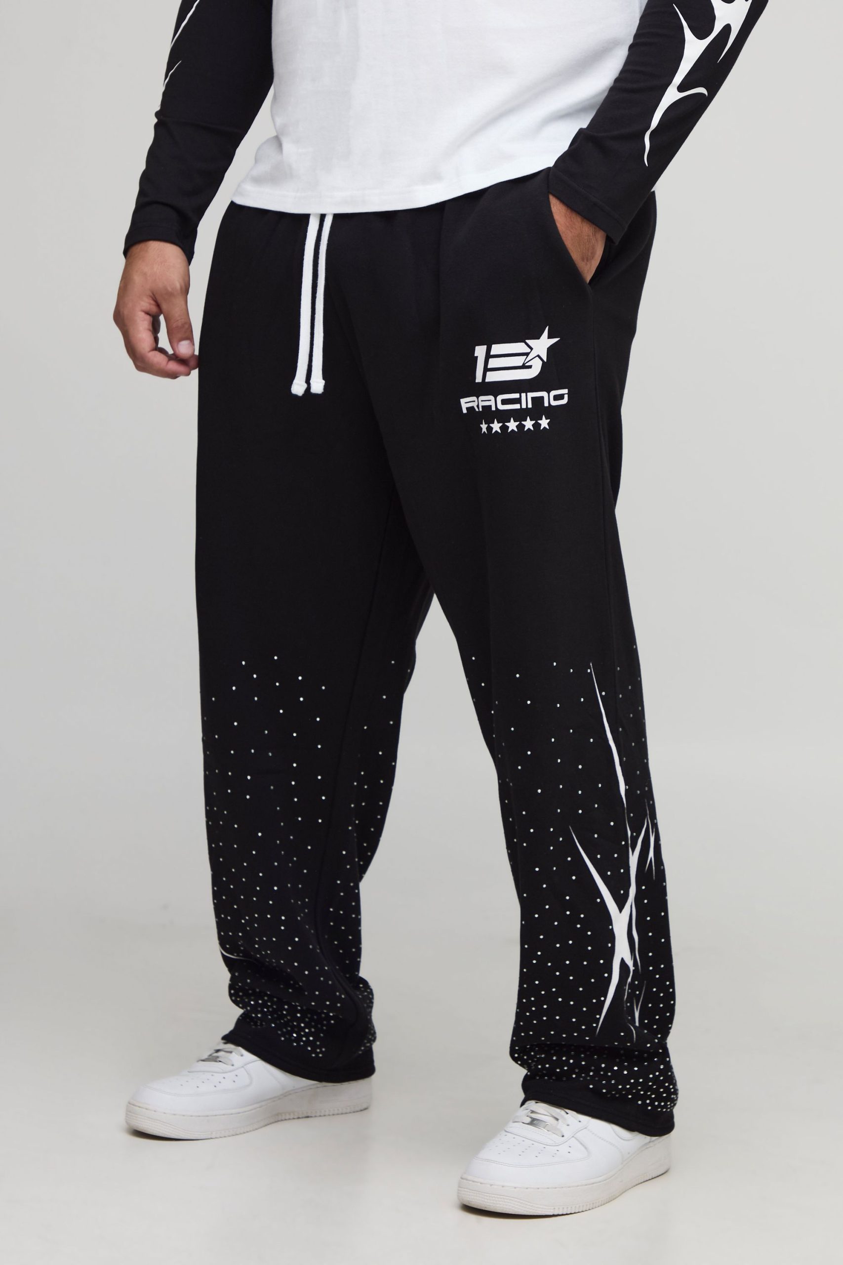 Plus Baggy Moto Print Rhinestone Embellished Joggers