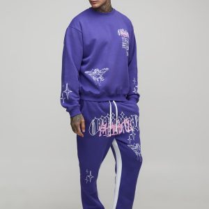 Tall Oversized Boxy Renaissance Print Sweatshirt& Slim Gusset Jogger Tracksuit