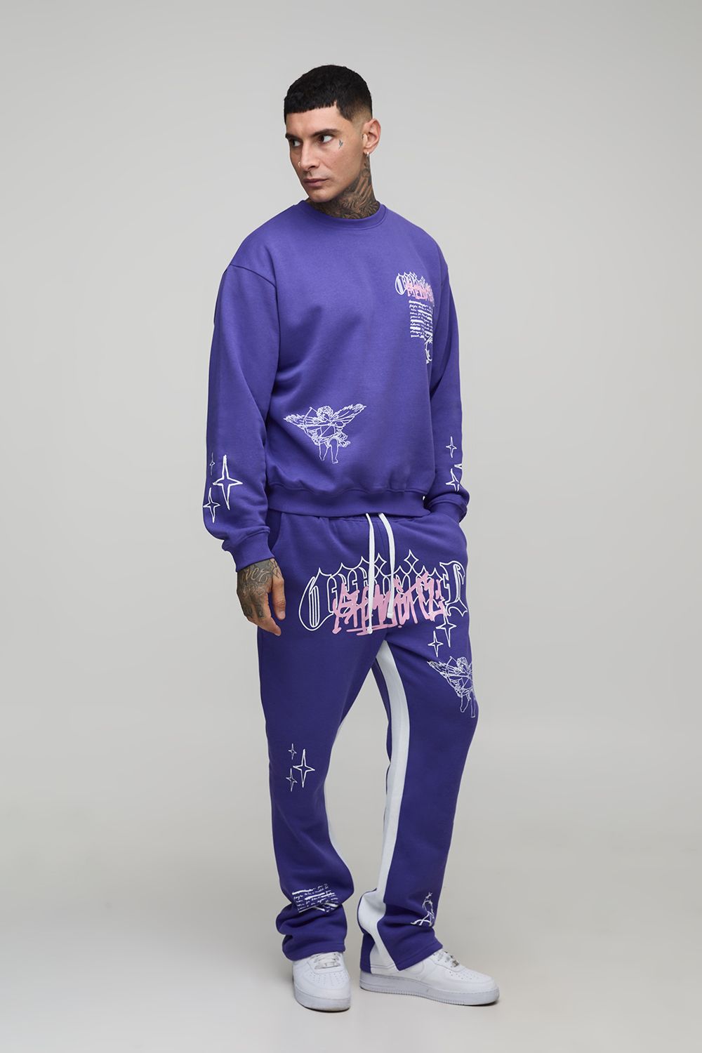 Tall Oversized Boxy Renaissance Print Sweatshirt& Slim Gusset Jogger Tracksuit
