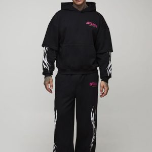 Tall Oversized Faux Layer Moto Print Hoodie & Extreme Wide Leg Jogger Tracksuit