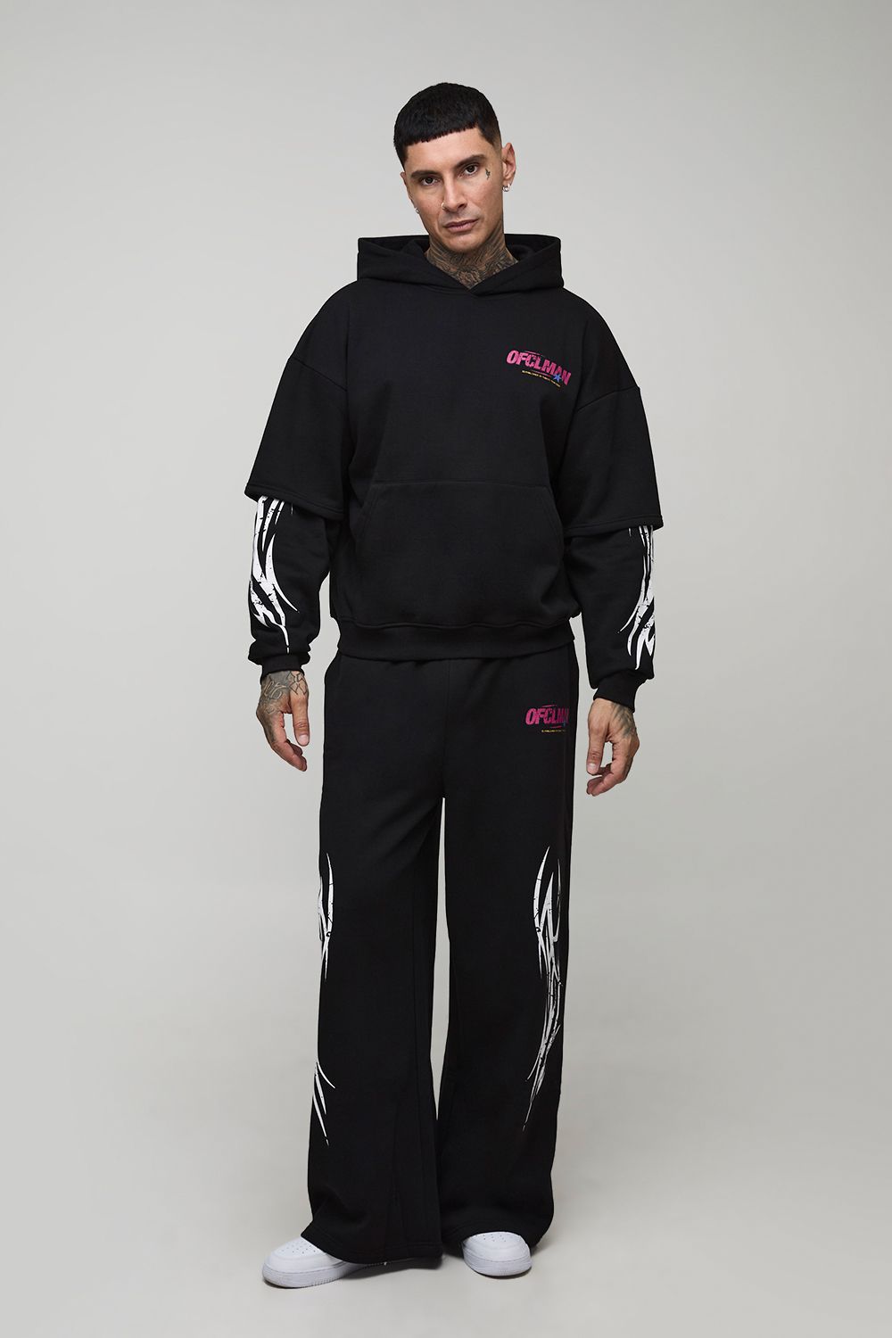 Tall Oversized Faux Layer Moto Print Hoodie & Extreme Wide Leg Jogger Tracksuit