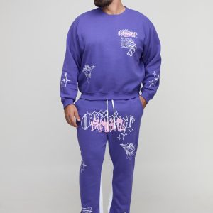 Plus Oversized Boxy Renaissance Print Sweatshirt& Slim Gusset Jogger Tracksuit
